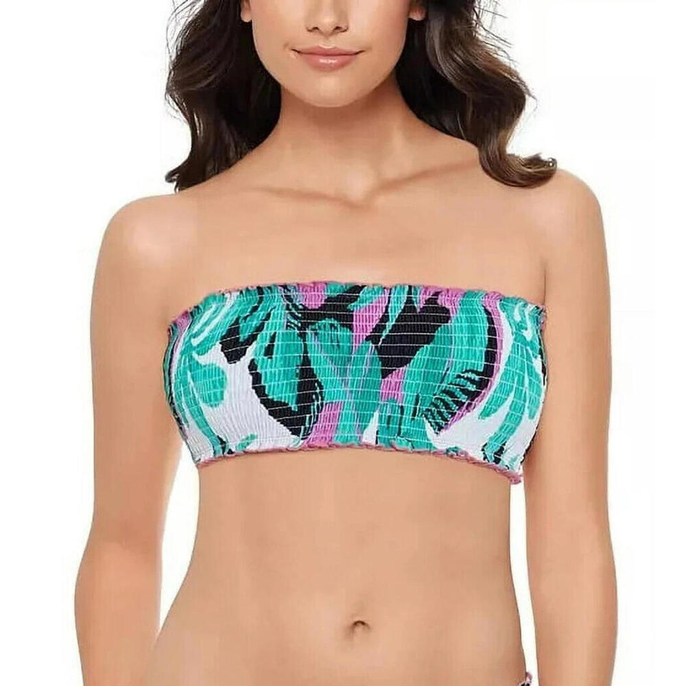 SALT + COVE Women's Aqua Ruffled Smocked Bandeau Swimsuit Top Size L